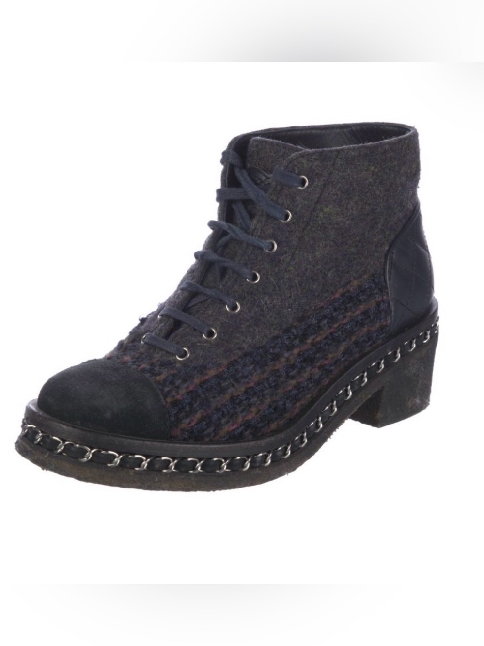 CHANEL Grey Wool-Texture Lace-Up Ankle Boots with Chain Trim